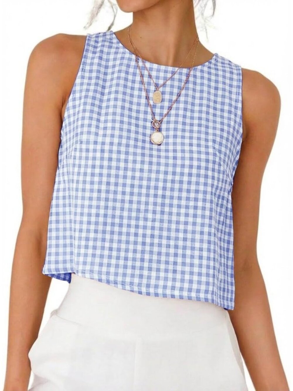 Women's Blue 100% Cotton Crew Neck Spring Summer Sleeveless Gingham Tank Tops